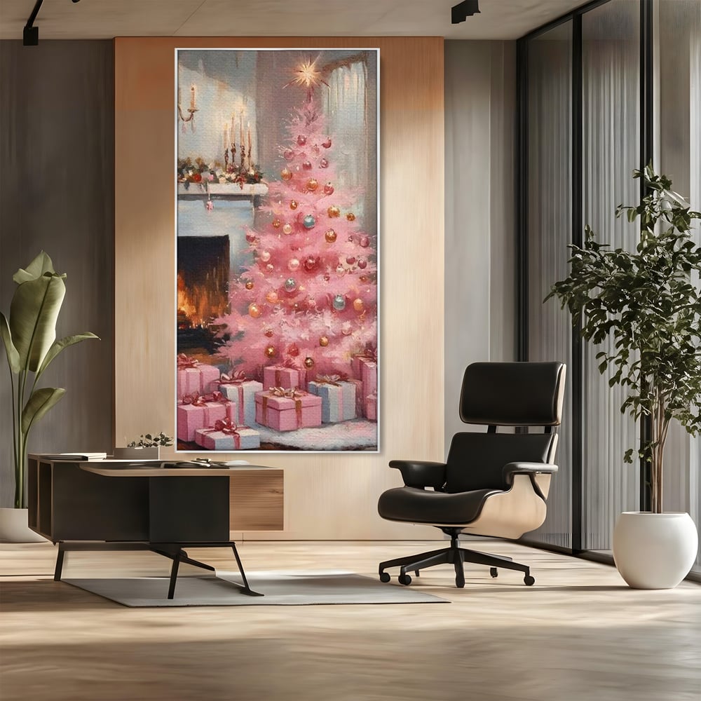 Tablou Canvas Premium, LuxCanva® D1061, Un Craciun Roz, Brad, Semineu, Foc, Globuri, Cadou, Ambalat, Sarbatoare, Atmosfera, Magie, Iarna, Decoratiuni, Fundite, Pastel, Camera Copil, Living, Dormitor