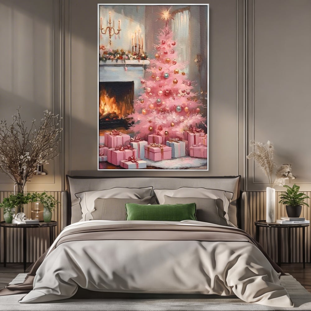Tablou Canvas Premium, LuxCanva® D1061, Un Craciun Roz, Brad, Semineu, Foc, Globuri, Cadou, Ambalat, Sarbatoare, Atmosfera, Magie, Iarna, Decoratiuni, Fundite, Pastel, Camera Copil, Living, Dormitor