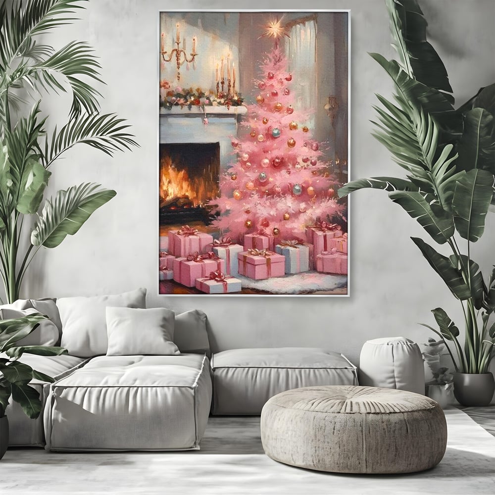 Tablou Canvas Premium, LuxCanva® D1061, Un Craciun Roz, Brad, Semineu, Foc, Globuri, Cadou, Ambalat, Sarbatoare, Atmosfera, Magie, Iarna, Decoratiuni, Fundite, Pastel, Camera Copil, Living, Dormitor