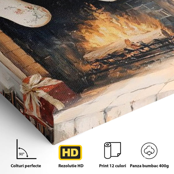 Leinwand Wandkunst Canvas Premium, LuxCanva® D1062, Weihnachtsmannstrümpfe, Winter, Kamin, Kamin, Feuer, Holz, Girlande, Girlande, Tanne, Magie, Weihnachtsmann, Träumen, Familie, Heiligabend, Warten, Kinderzimmer, Wohnzimmer, Schlafzimmer