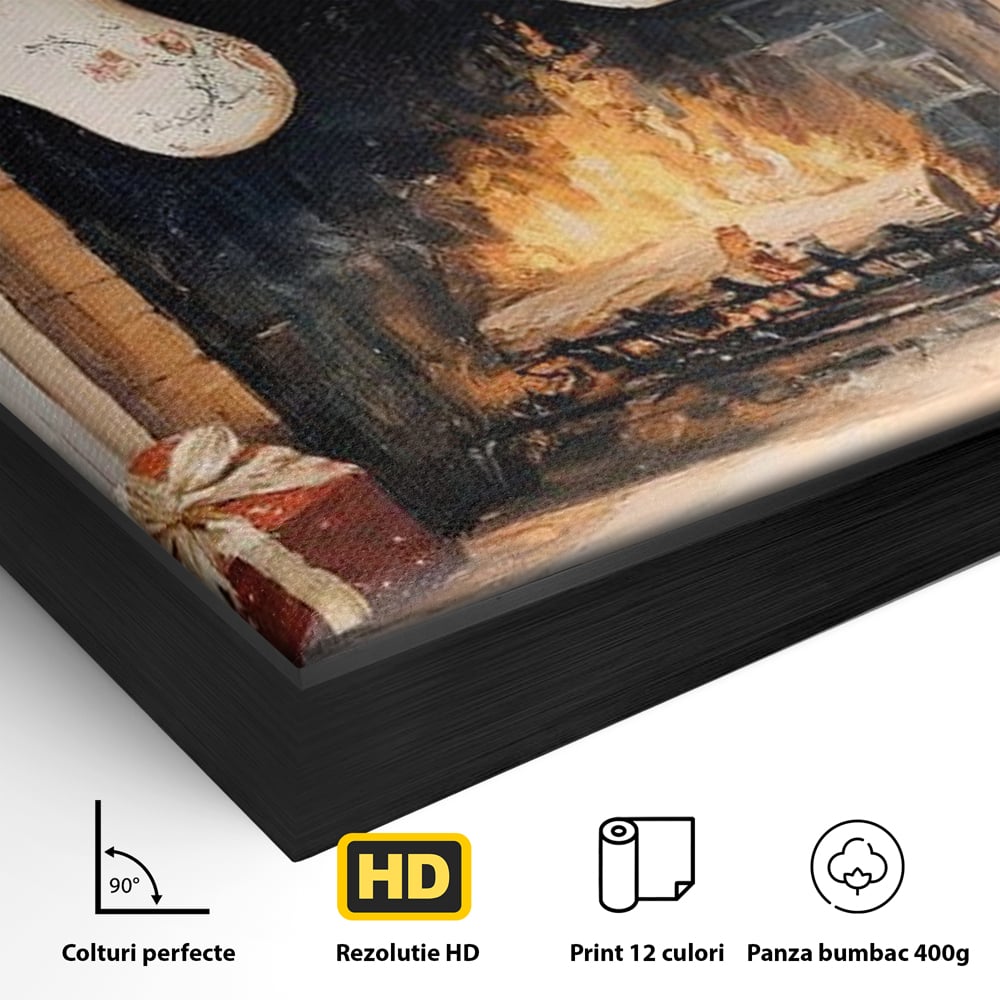 Leinwand Wandkunst Canvas Premium, LuxCanva® D1062, Weihnachtsmannstrümpfe, Winter, Kamin, Kamin, Feuer, Holz, Girlande, Girlande, Tanne, Magie, Weihnachtsmann, Träumen, Familie, Heiligabend, Warten, Kinderzimmer, Wohnzimmer, Schlafzimmer