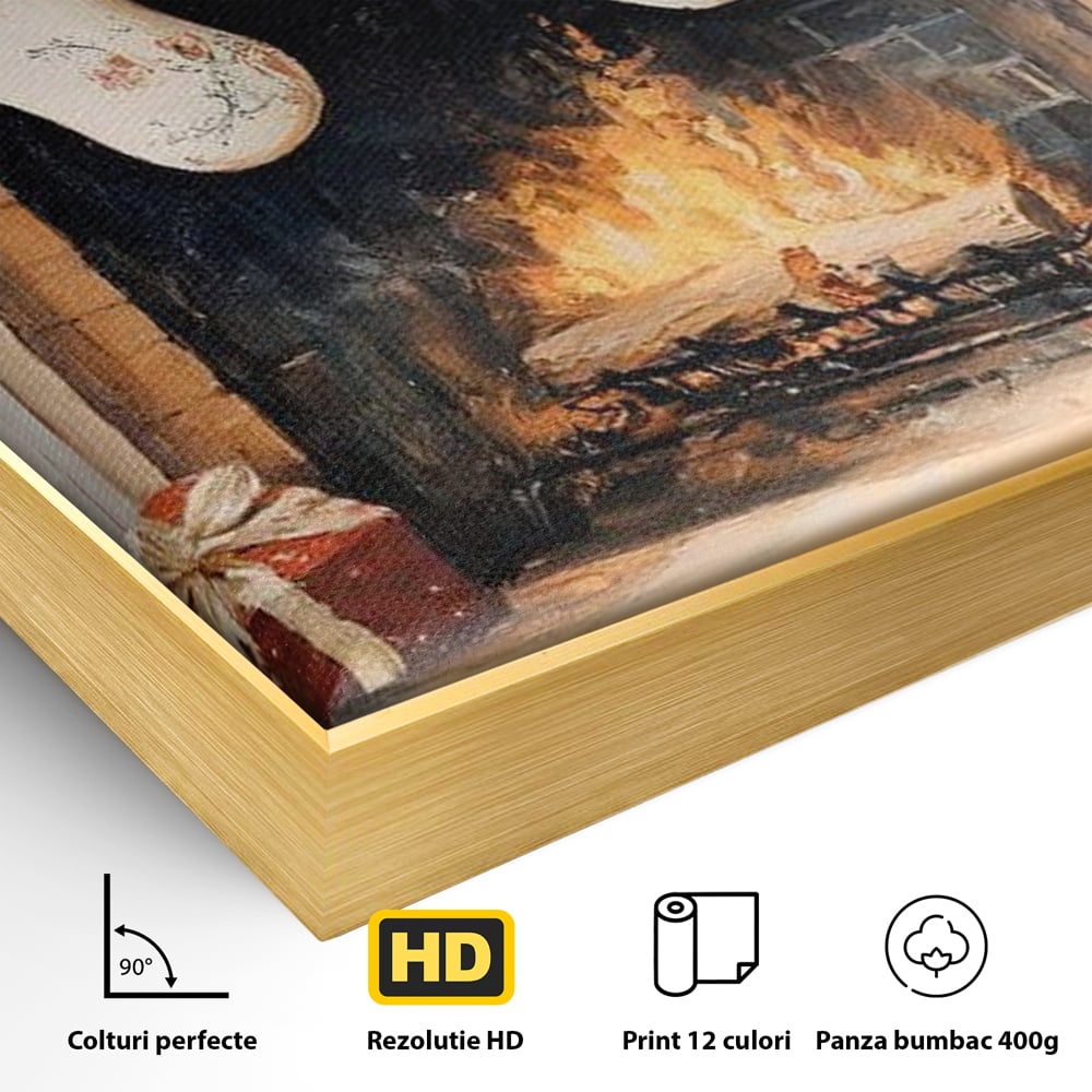 Leinwand Wandkunst Canvas Premium, LuxCanva® D1062, Weihnachtsmannstrümpfe, Winter, Kamin, Kamin, Feuer, Holz, Girlande, Girlande, Tanne, Magie, Weihnachtsmann, Träumen, Familie, Heiligabend, Warten, Kinderzimmer, Wohnzimmer, Schlafzimmer