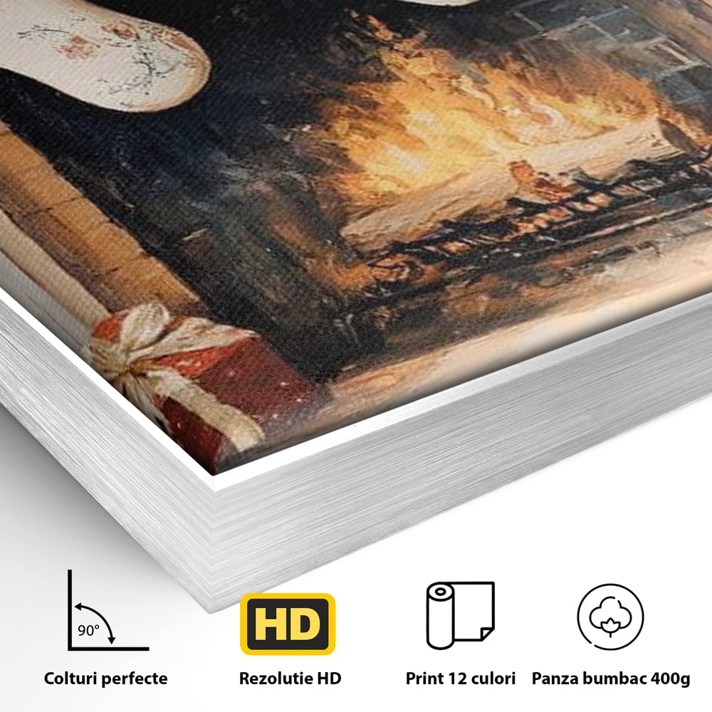 Leinwand Wandkunst Canvas Premium, LuxCanva® D1062, Weihnachtsmannstrümpfe, Winter, Kamin, Kamin, Feuer, Holz, Girlande, Girlande, Tanne, Magie, Weihnachtsmann, Träumen, Familie, Heiligabend, Warten, Kinderzimmer, Wohnzimmer, Schlafzimmer