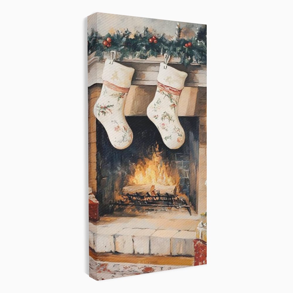 Leinwand Wandkunst Canvas Premium, LuxCanva® D1062, Weihnachtsmannstrümpfe, Winter, Kamin, Kamin, Feuer, Holz, Girlande, Girlande, Tanne, Magie, Weihnachtsmann, Träumen, Familie, Heiligabend, Warten, Kinderzimmer, Wohnzimmer, Schlafzimmer