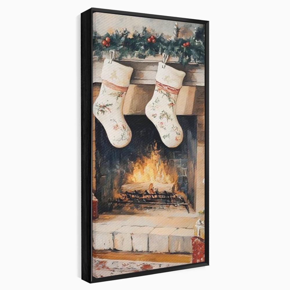 Leinwand Wandkunst Canvas Premium, LuxCanva® D1062, Weihnachtsmannstrümpfe, Winter, Kamin, Kamin, Feuer, Holz, Girlande, Girlande, Tanne, Magie, Weihnachtsmann, Träumen, Familie, Heiligabend, Warten, Kinderzimmer, Wohnzimmer, Schlafzimmer