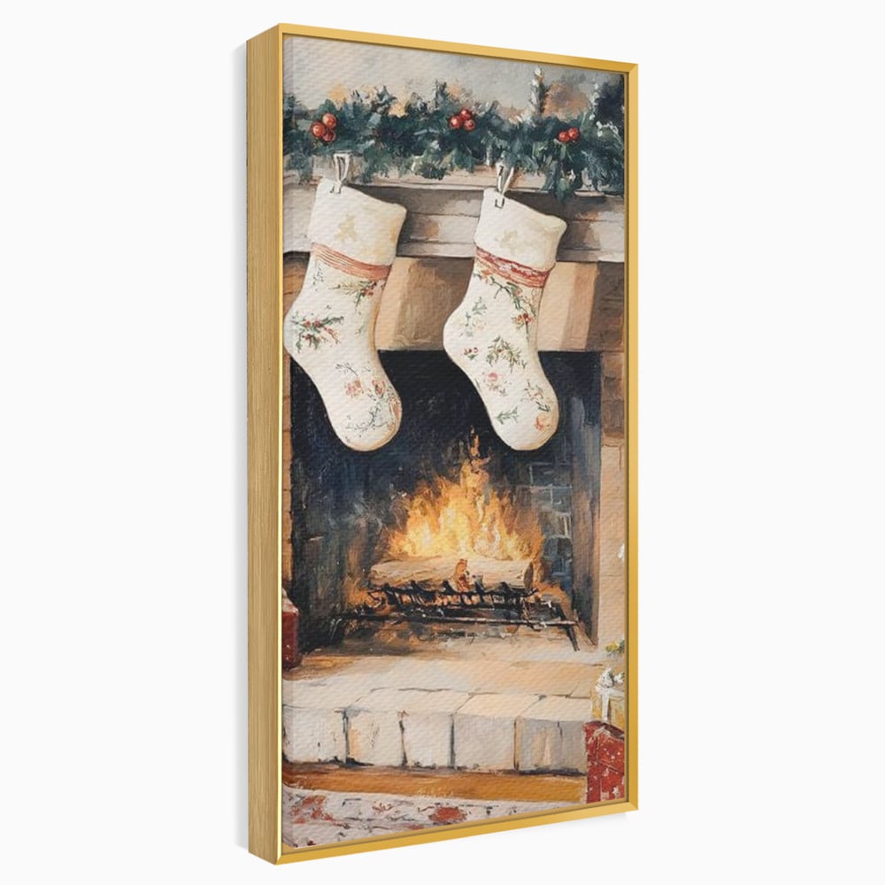 Leinwand Wandkunst Canvas Premium, LuxCanva® D1062, Weihnachtsmannstrümpfe, Winter, Kamin, Kamin, Feuer, Holz, Girlande, Girlande, Tanne, Magie, Weihnachtsmann, Träumen, Familie, Heiligabend, Warten, Kinderzimmer, Wohnzimmer, Schlafzimmer