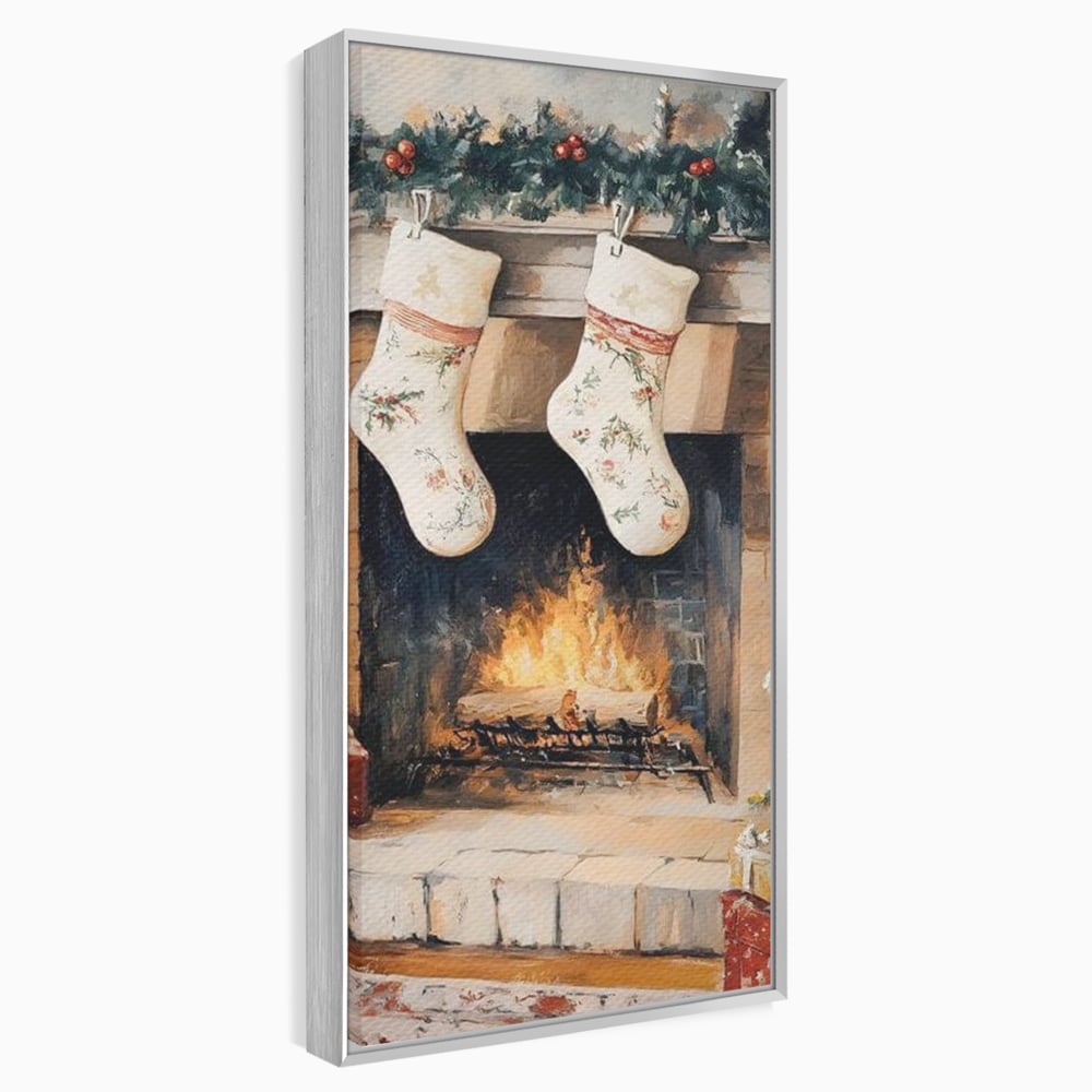 Leinwand Wandkunst Canvas Premium, LuxCanva® D1062, Weihnachtsmannstrümpfe, Winter, Kamin, Kamin, Feuer, Holz, Girlande, Girlande, Tanne, Magie, Weihnachtsmann, Träumen, Familie, Heiligabend, Warten, Kinderzimmer, Wohnzimmer, Schlafzimmer
