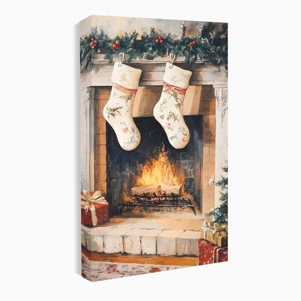 Leinwand Wandkunst Canvas Premium, LuxCanva® D1062, Weihnachtsmannstrümpfe, Winter, Kamin, Kamin, Feuer, Holz, Girlande, Girlande, Tanne, Magie, Weihnachtsmann, Träumen, Familie, Heiligabend, Warten, Kinderzimmer, Wohnzimmer, Schlafzimmer