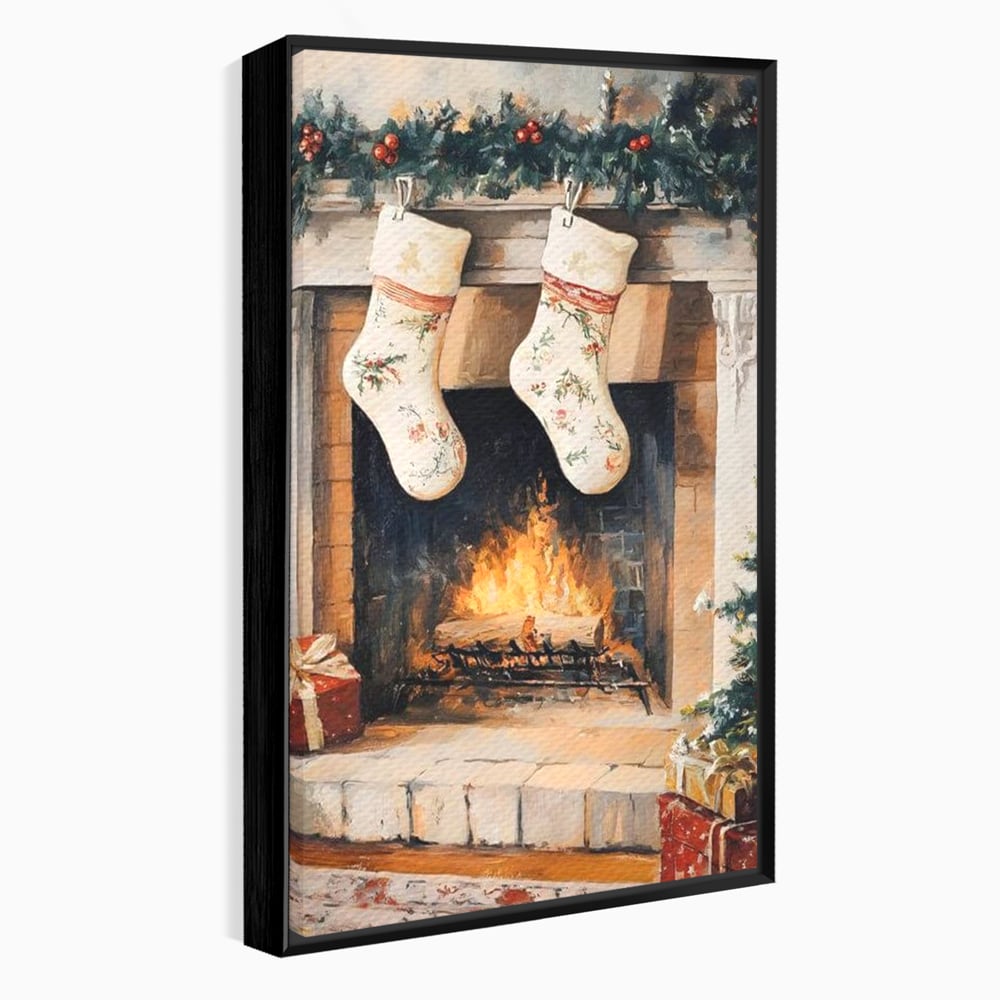 Leinwand Wandkunst Canvas Premium, LuxCanva® D1062, Weihnachtsmannstrümpfe, Winter, Kamin, Kamin, Feuer, Holz, Girlande, Girlande, Tanne, Magie, Weihnachtsmann, Träumen, Familie, Heiligabend, Warten, Kinderzimmer, Wohnzimmer, Schlafzimmer