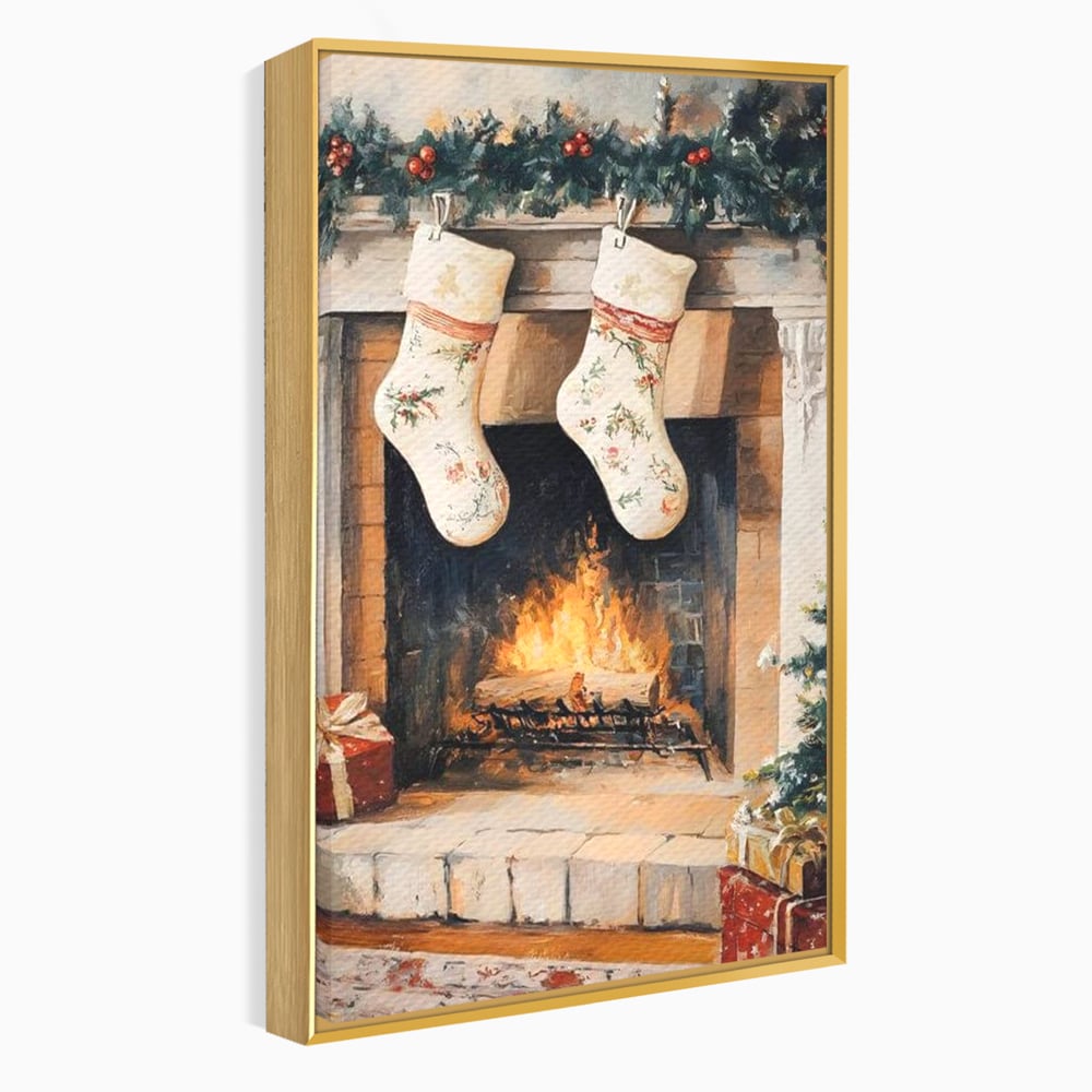 Leinwand Wandkunst Canvas Premium, LuxCanva® D1062, Weihnachtsmannstrümpfe, Winter, Kamin, Kamin, Feuer, Holz, Girlande, Girlande, Tanne, Magie, Weihnachtsmann, Träumen, Familie, Heiligabend, Warten, Kinderzimmer, Wohnzimmer, Schlafzimmer