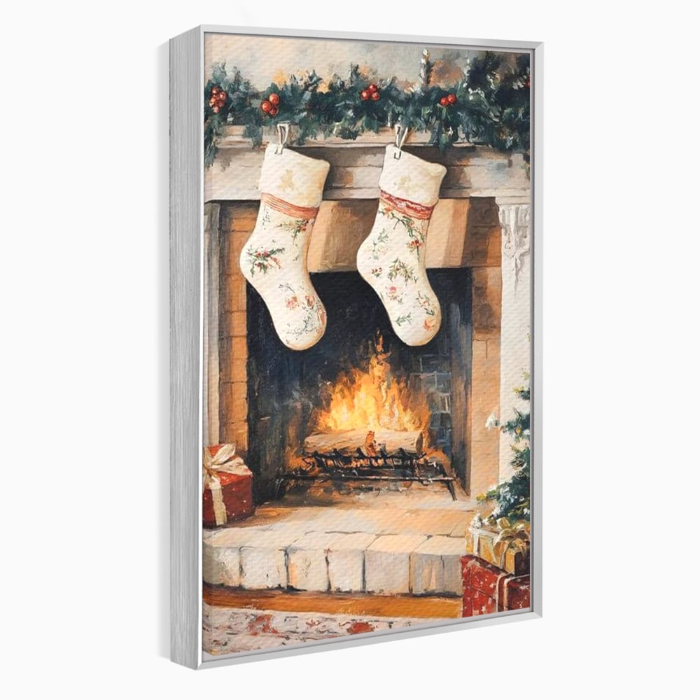 Leinwand Wandkunst Canvas Premium, LuxCanva® D1062, Weihnachtsmannstrümpfe, Winter, Kamin, Kamin, Feuer, Holz, Girlande, Girlande, Tanne, Magie, Weihnachtsmann, Träumen, Familie, Heiligabend, Warten, Kinderzimmer, Wohnzimmer, Schlafzimmer