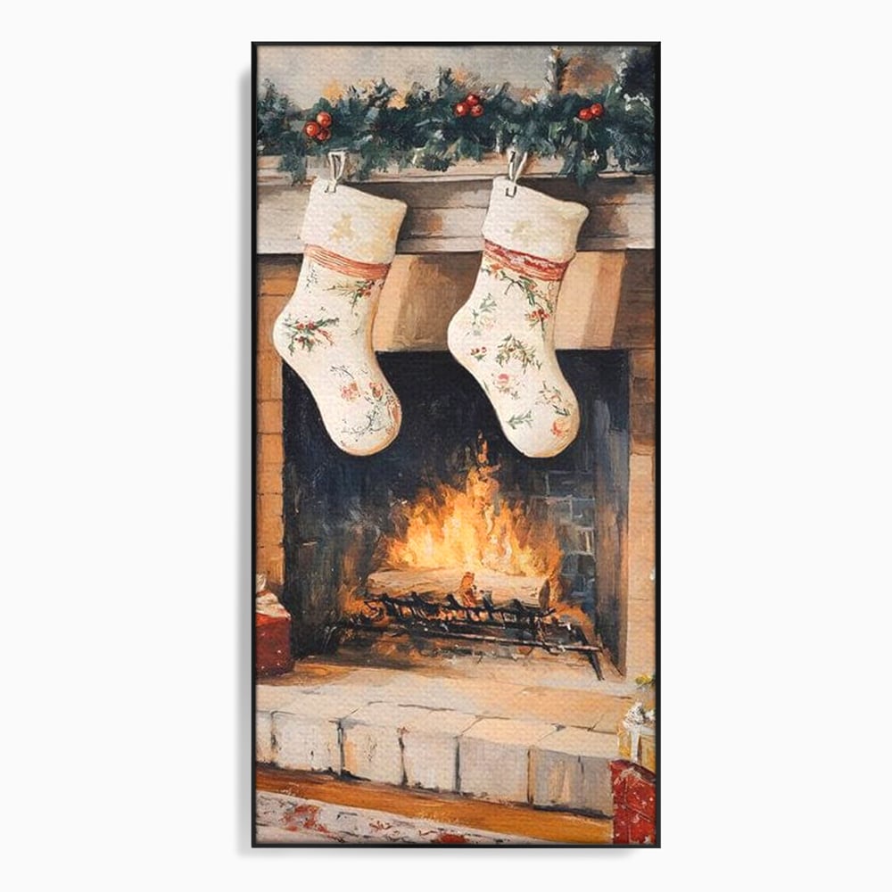 Leinwand Wandkunst Canvas Premium, LuxCanva® D1062, Weihnachtsmannstrümpfe, Winter, Kamin, Kamin, Feuer, Holz, Girlande, Girlande, Tanne, Magie, Weihnachtsmann, Träumen, Familie, Heiligabend, Warten, Kinderzimmer, Wohnzimmer, Schlafzimmer