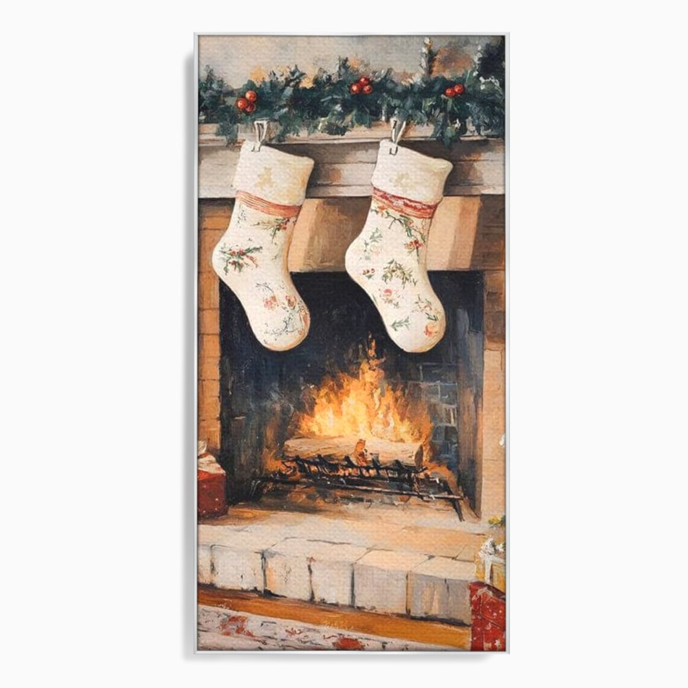 Leinwand Wandkunst Canvas Premium, LuxCanva® D1062, Weihnachtsmannstrümpfe, Winter, Kamin, Kamin, Feuer, Holz, Girlande, Girlande, Tanne, Magie, Weihnachtsmann, Träumen, Familie, Heiligabend, Warten, Kinderzimmer, Wohnzimmer, Schlafzimmer
