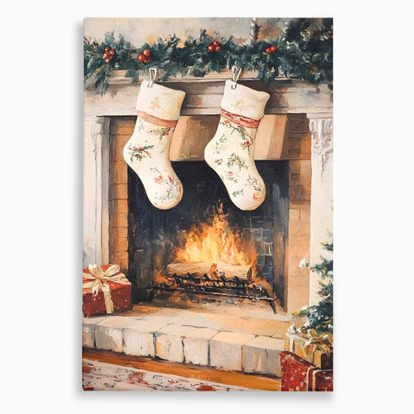 Leinwand Wandkunst Canvas Premium, LuxCanva® D1062, Weihnachtsmannstrümpfe, Winter, Kamin, Kamin, Feuer, Holz, Girlande, Girlande, Tanne, Magie, Weihnachtsmann, Träumen, Familie, Heiligabend, Warten, Kinderzimmer, Wohnzimmer, Schlafzimmer