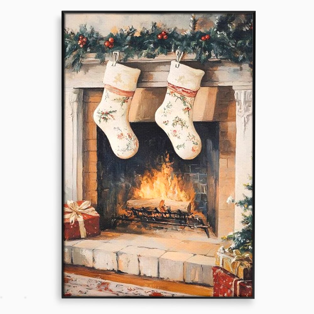 Leinwand Wandkunst Canvas Premium, LuxCanva® D1062, Weihnachtsmannstrümpfe, Winter, Kamin, Kamin, Feuer, Holz, Girlande, Girlande, Tanne, Magie, Weihnachtsmann, Träumen, Familie, Heiligabend, Warten, Kinderzimmer, Wohnzimmer, Schlafzimmer