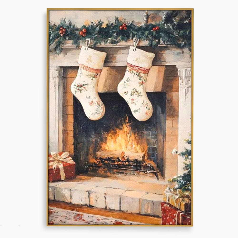 Leinwand Wandkunst Canvas Premium, LuxCanva® D1062, Weihnachtsmannstrümpfe, Winter, Kamin, Kamin, Feuer, Holz, Girlande, Girlande, Tanne, Magie, Weihnachtsmann, Träumen, Familie, Heiligabend, Warten, Kinderzimmer, Wohnzimmer, Schlafzimmer