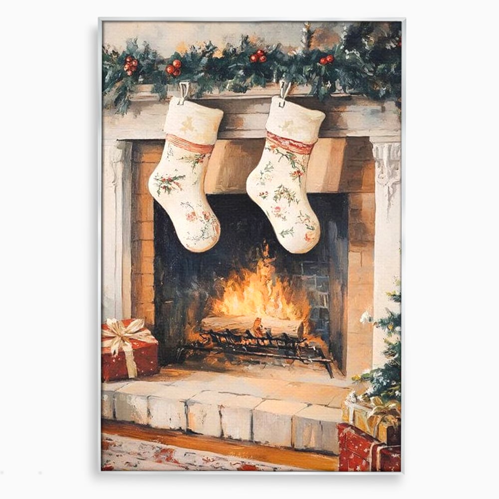 Leinwand Wandkunst Canvas Premium, LuxCanva® D1062, Weihnachtsmannstrümpfe, Winter, Kamin, Kamin, Feuer, Holz, Girlande, Girlande, Tanne, Magie, Weihnachtsmann, Träumen, Familie, Heiligabend, Warten, Kinderzimmer, Wohnzimmer, Schlafzimmer