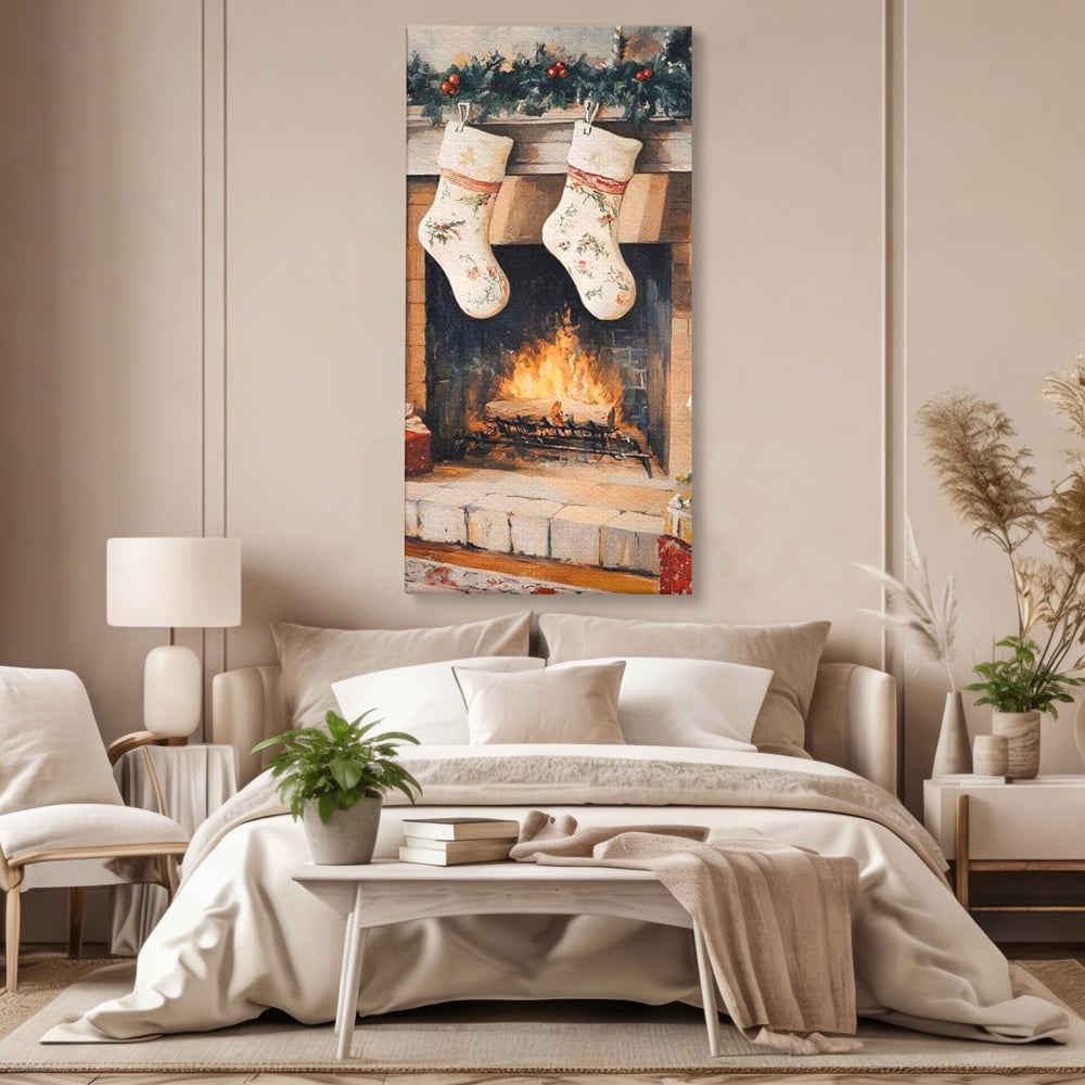 Leinwand Wandkunst Canvas Premium, LuxCanva® D1062, Weihnachtsmannstrümpfe, Winter, Kamin, Kamin, Feuer, Holz, Girlande, Girlande, Tanne, Magie, Weihnachtsmann, Träumen, Familie, Heiligabend, Warten, Kinderzimmer, Wohnzimmer, Schlafzimmer