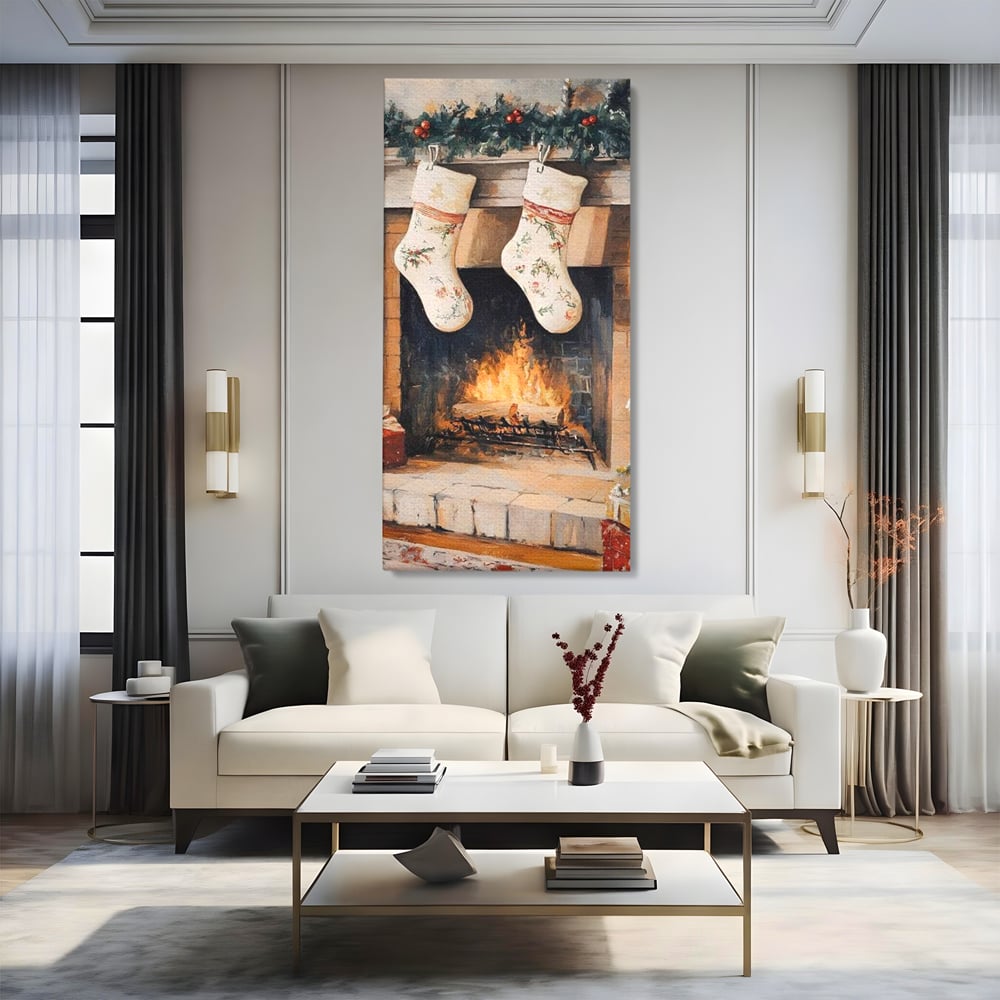Leinwand Wandkunst Canvas Premium, LuxCanva® D1062, Weihnachtsmannstrümpfe, Winter, Kamin, Kamin, Feuer, Holz, Girlande, Girlande, Tanne, Magie, Weihnachtsmann, Träumen, Familie, Heiligabend, Warten, Kinderzimmer, Wohnzimmer, Schlafzimmer