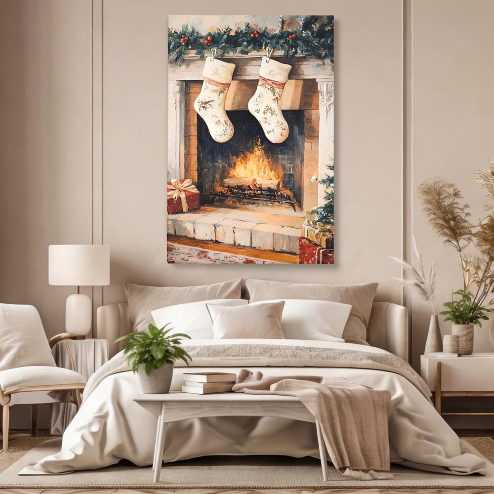Leinwand Wandkunst Canvas Premium, LuxCanva® D1062, Weihnachtsmannstrümpfe, Winter, Kamin, Kamin, Feuer, Holz, Girlande, Girlande, Tanne, Magie, Weihnachtsmann, Träumen, Familie, Heiligabend, Warten, Kinderzimmer, Wohnzimmer, Schlafzimmer