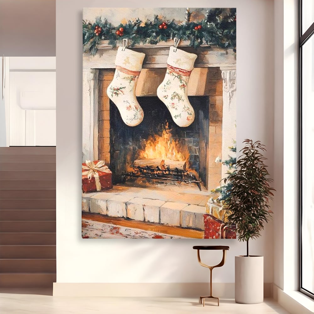 Leinwand Wandkunst Canvas Premium, LuxCanva® D1062, Weihnachtsmannstrümpfe, Winter, Kamin, Kamin, Feuer, Holz, Girlande, Girlande, Tanne, Magie, Weihnachtsmann, Träumen, Familie, Heiligabend, Warten, Kinderzimmer, Wohnzimmer, Schlafzimmer