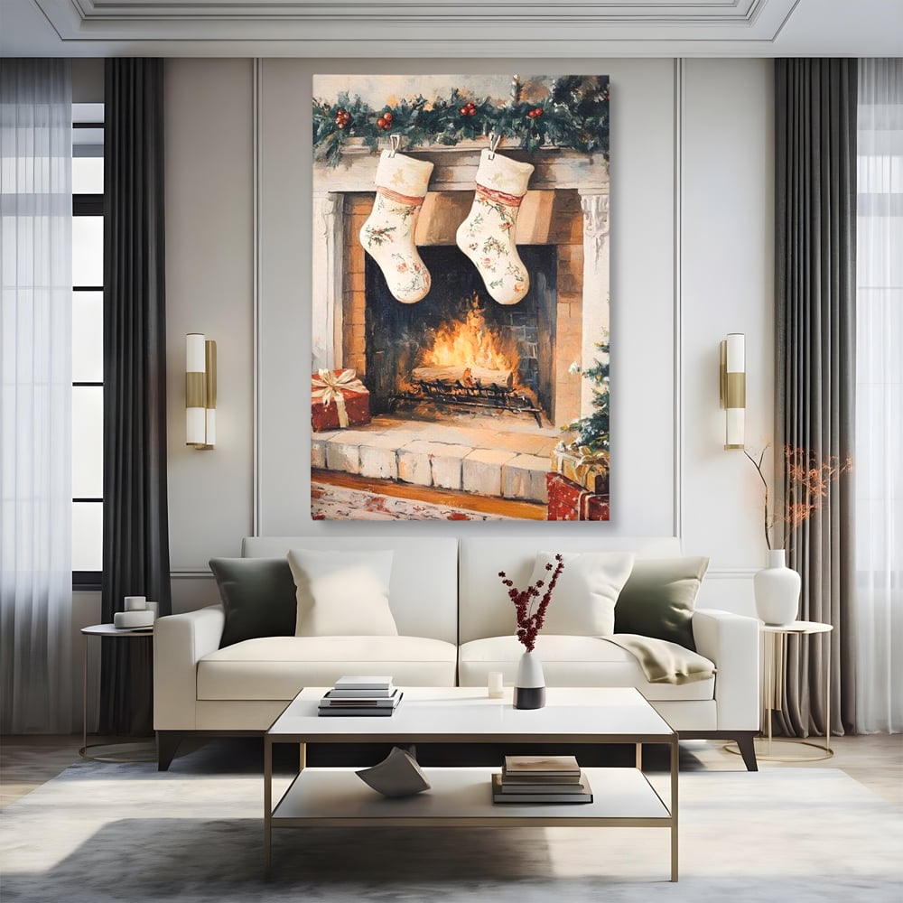 Leinwand Wandkunst Canvas Premium, LuxCanva® D1062, Weihnachtsmannstrümpfe, Winter, Kamin, Kamin, Feuer, Holz, Girlande, Girlande, Tanne, Magie, Weihnachtsmann, Träumen, Familie, Heiligabend, Warten, Kinderzimmer, Wohnzimmer, Schlafzimmer
