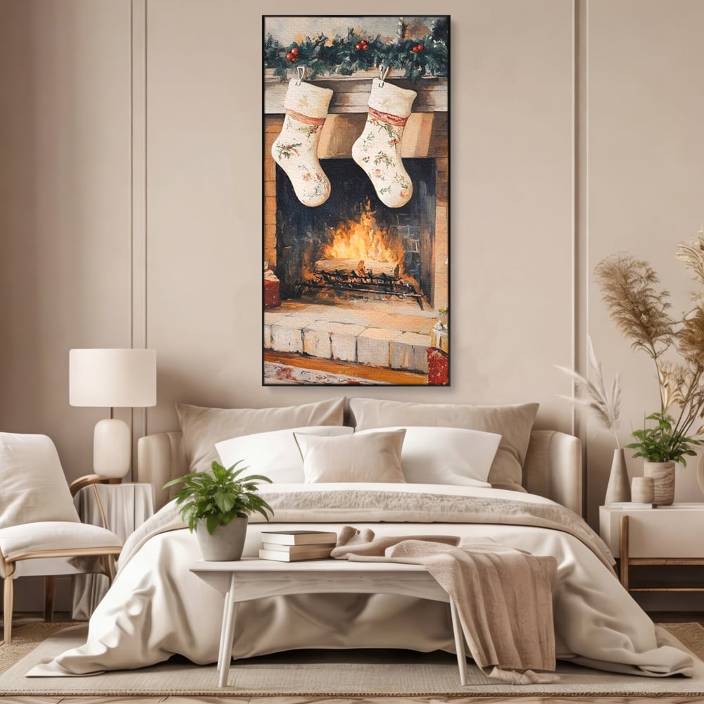 Leinwand Wandkunst Canvas Premium, LuxCanva® D1062, Weihnachtsmannstrümpfe, Winter, Kamin, Kamin, Feuer, Holz, Girlande, Girlande, Tanne, Magie, Weihnachtsmann, Träumen, Familie, Heiligabend, Warten, Kinderzimmer, Wohnzimmer, Schlafzimmer