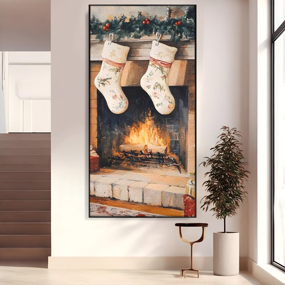 Leinwand Wandkunst Canvas Premium, LuxCanva® D1062, Weihnachtsmannstrümpfe, Winter, Kamin, Kamin, Feuer, Holz, Girlande, Girlande, Tanne, Magie, Weihnachtsmann, Träumen, Familie, Heiligabend, Warten, Kinderzimmer, Wohnzimmer, Schlafzimmer