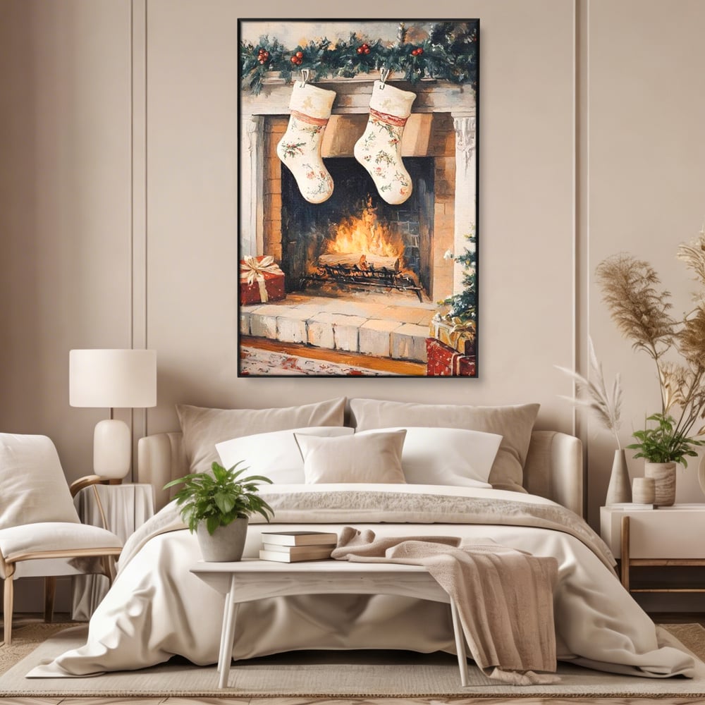 Leinwand Wandkunst Canvas Premium, LuxCanva® D1062, Weihnachtsmannstrümpfe, Winter, Kamin, Kamin, Feuer, Holz, Girlande, Girlande, Tanne, Magie, Weihnachtsmann, Träumen, Familie, Heiligabend, Warten, Kinderzimmer, Wohnzimmer, Schlafzimmer
