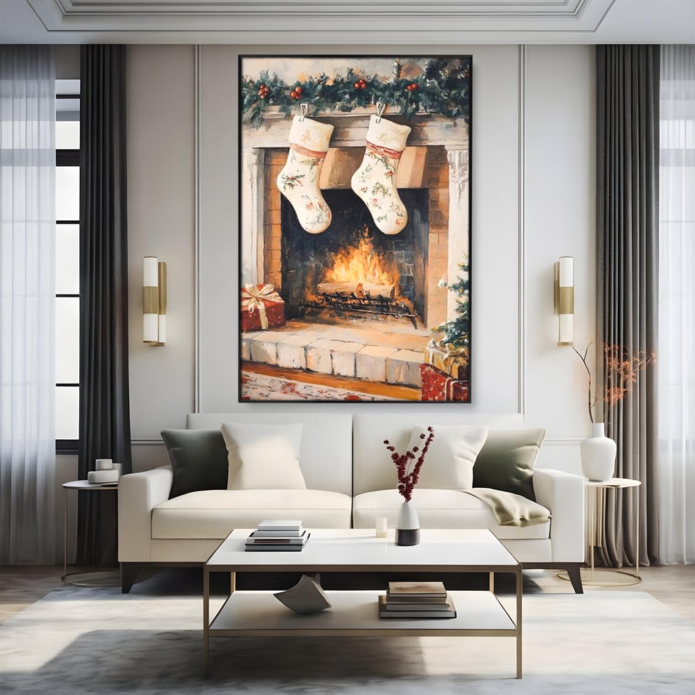 Leinwand Wandkunst Canvas Premium, LuxCanva® D1062, Weihnachtsmannstrümpfe, Winter, Kamin, Kamin, Feuer, Holz, Girlande, Girlande, Tanne, Magie, Weihnachtsmann, Träumen, Familie, Heiligabend, Warten, Kinderzimmer, Wohnzimmer, Schlafzimmer