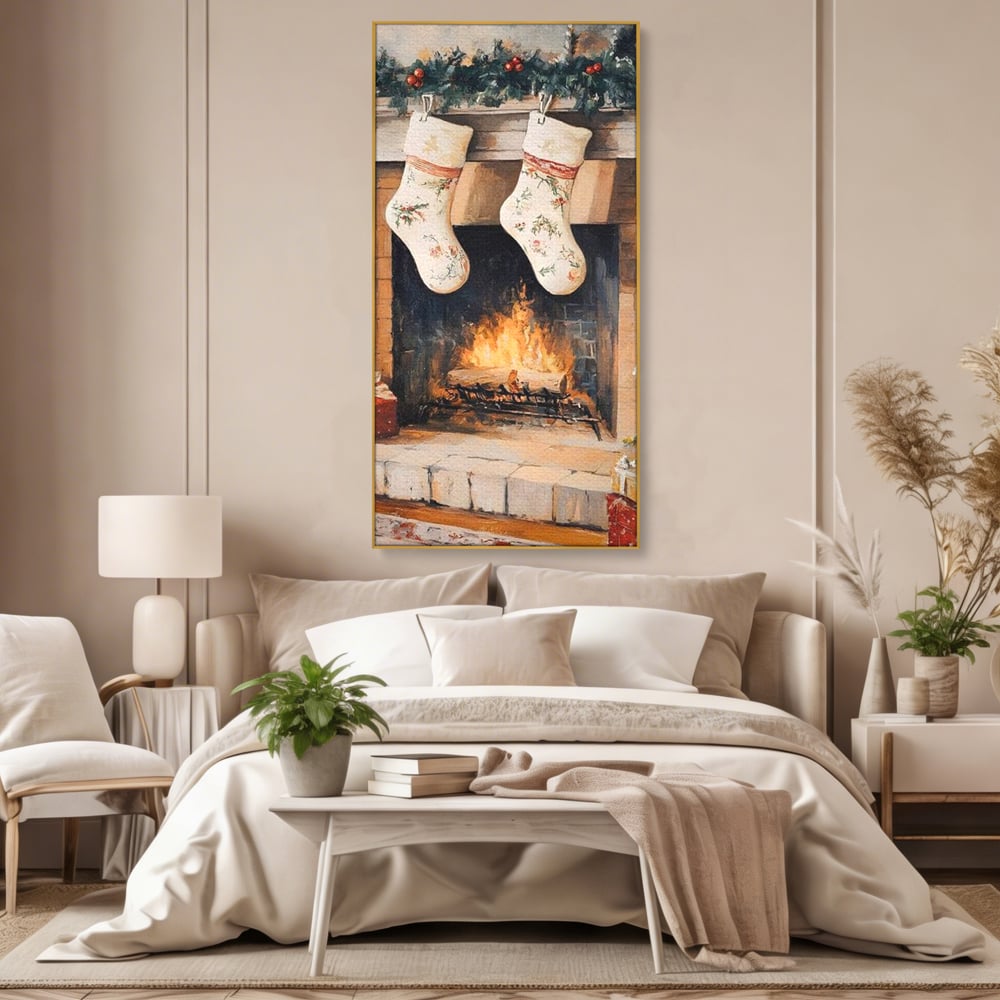 Leinwand Wandkunst Canvas Premium, LuxCanva® D1062, Weihnachtsmannstrümpfe, Winter, Kamin, Kamin, Feuer, Holz, Girlande, Girlande, Tanne, Magie, Weihnachtsmann, Träumen, Familie, Heiligabend, Warten, Kinderzimmer, Wohnzimmer, Schlafzimmer