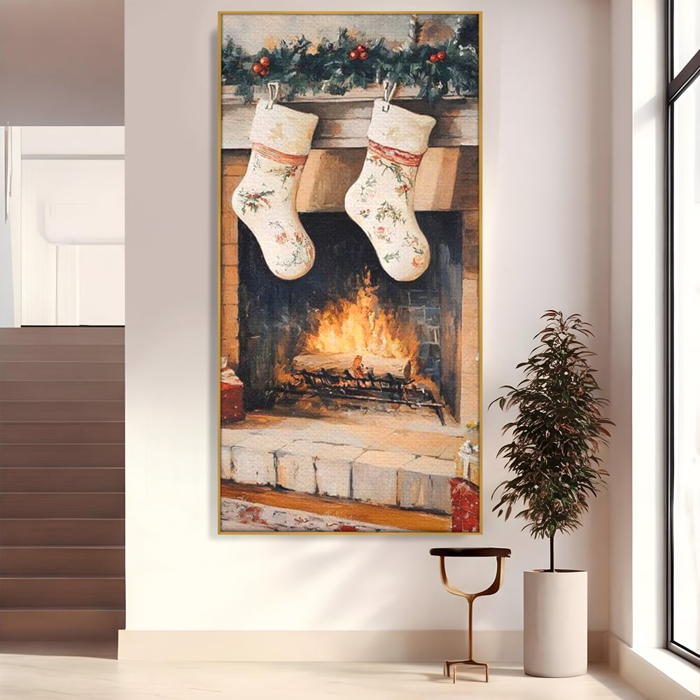 Leinwand Wandkunst Canvas Premium, LuxCanva® D1062, Weihnachtsmannstrümpfe, Winter, Kamin, Kamin, Feuer, Holz, Girlande, Girlande, Tanne, Magie, Weihnachtsmann, Träumen, Familie, Heiligabend, Warten, Kinderzimmer, Wohnzimmer, Schlafzimmer