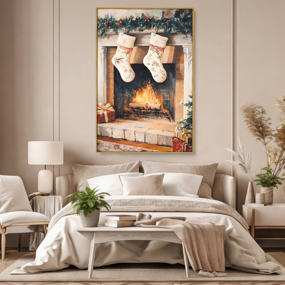 Leinwand Wandkunst Canvas Premium, LuxCanva® D1062, Weihnachtsmannstrümpfe, Winter, Kamin, Kamin, Feuer, Holz, Girlande, Girlande, Tanne, Magie, Weihnachtsmann, Träumen, Familie, Heiligabend, Warten, Kinderzimmer, Wohnzimmer, Schlafzimmer