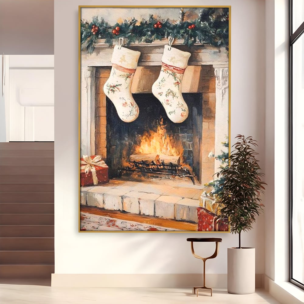Leinwand Wandkunst Canvas Premium, LuxCanva® D1062, Weihnachtsmannstrümpfe, Winter, Kamin, Kamin, Feuer, Holz, Girlande, Girlande, Tanne, Magie, Weihnachtsmann, Träumen, Familie, Heiligabend, Warten, Kinderzimmer, Wohnzimmer, Schlafzimmer