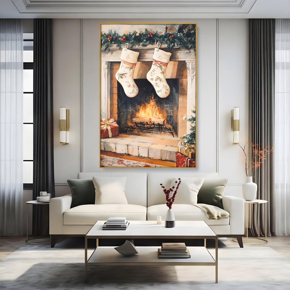 Leinwand Wandkunst Canvas Premium, LuxCanva® D1062, Weihnachtsmannstrümpfe, Winter, Kamin, Kamin, Feuer, Holz, Girlande, Girlande, Tanne, Magie, Weihnachtsmann, Träumen, Familie, Heiligabend, Warten, Kinderzimmer, Wohnzimmer, Schlafzimmer