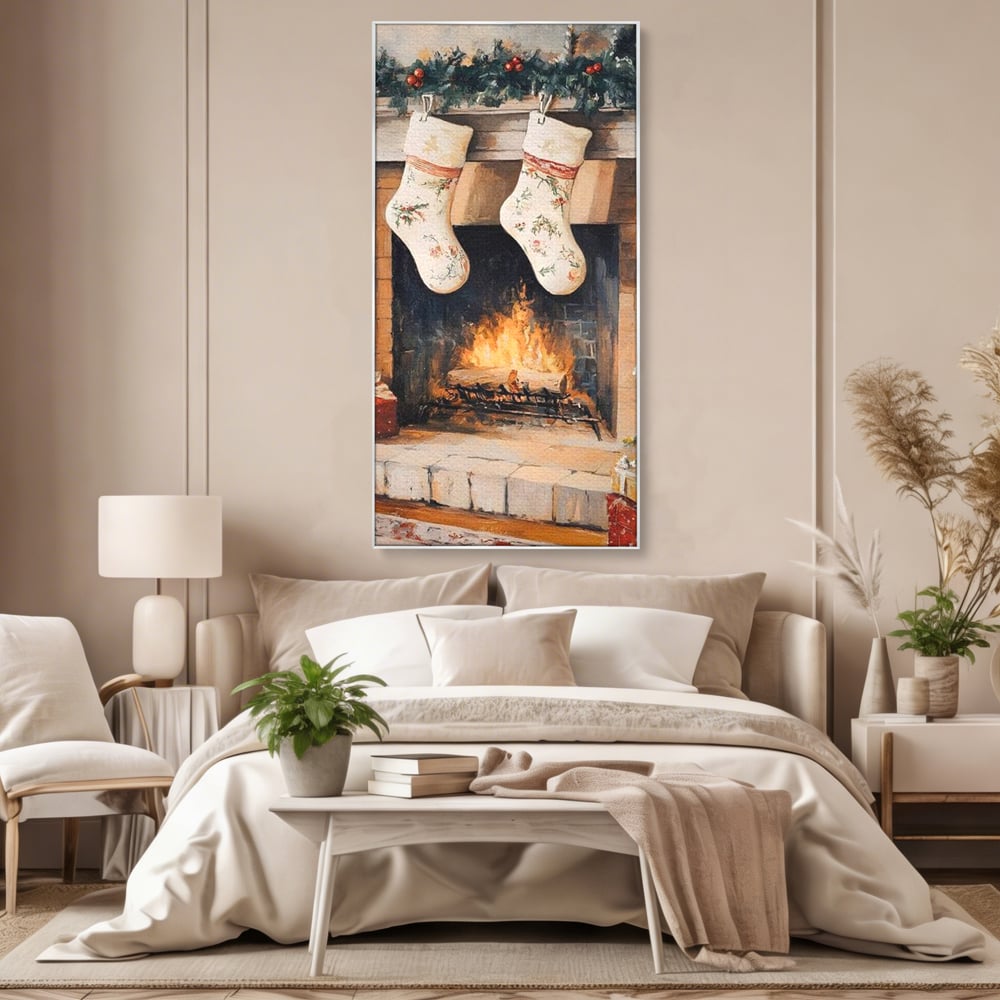 Leinwand Wandkunst Canvas Premium, LuxCanva® D1062, Weihnachtsmannstrümpfe, Winter, Kamin, Kamin, Feuer, Holz, Girlande, Girlande, Tanne, Magie, Weihnachtsmann, Träumen, Familie, Heiligabend, Warten, Kinderzimmer, Wohnzimmer, Schlafzimmer