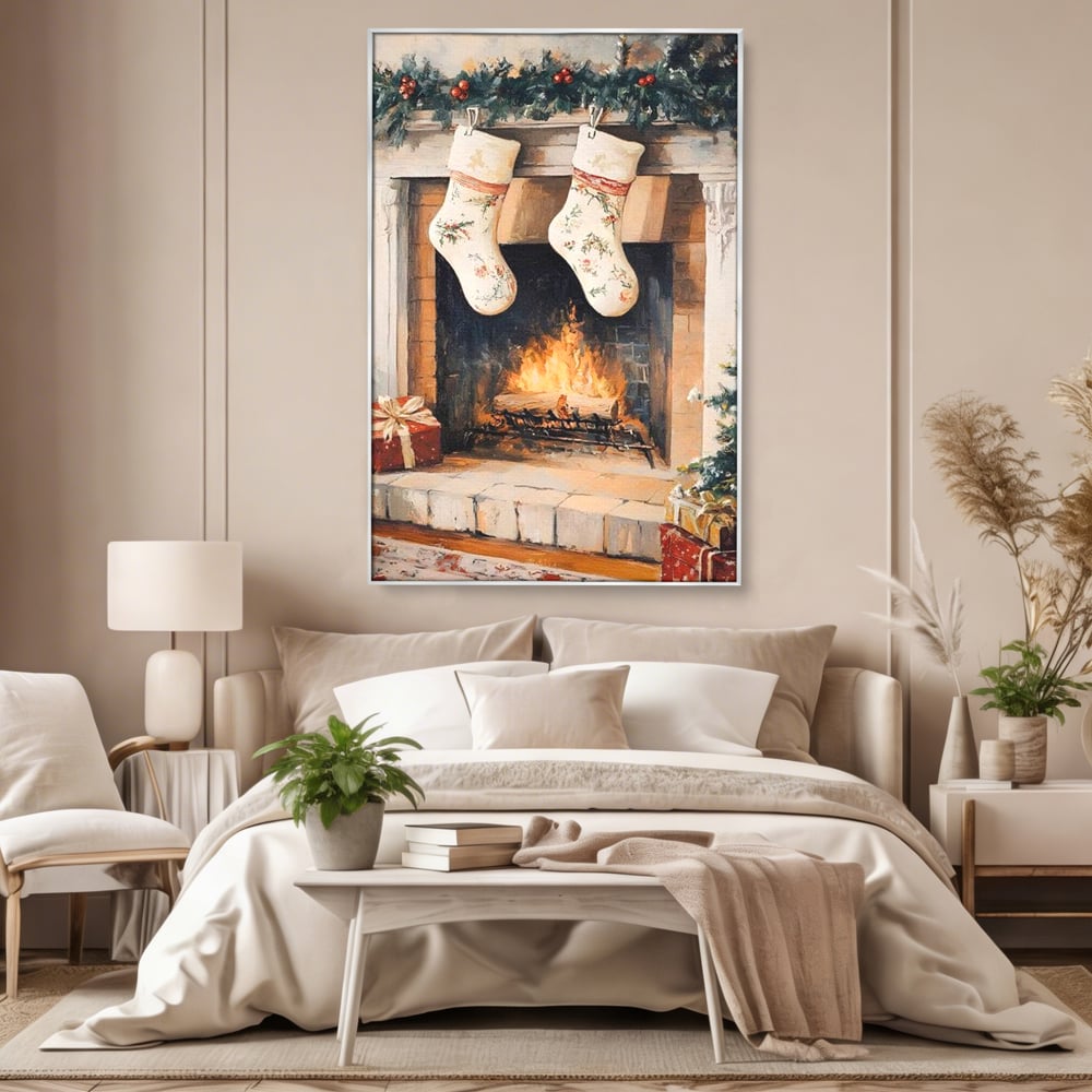 Leinwand Wandkunst Canvas Premium, LuxCanva® D1062, Weihnachtsmannstrümpfe, Winter, Kamin, Kamin, Feuer, Holz, Girlande, Girlande, Tanne, Magie, Weihnachtsmann, Träumen, Familie, Heiligabend, Warten, Kinderzimmer, Wohnzimmer, Schlafzimmer