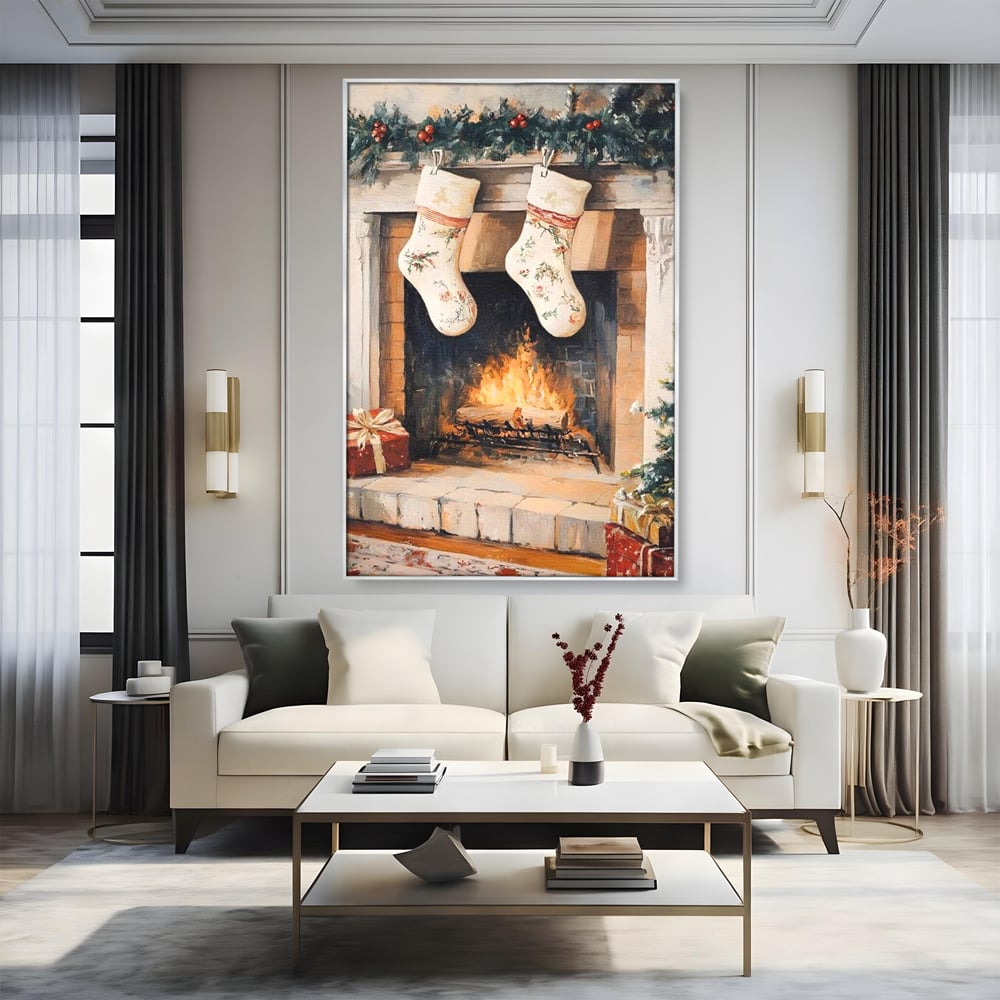 Leinwand Wandkunst Canvas Premium, LuxCanva® D1062, Weihnachtsmannstrümpfe, Winter, Kamin, Kamin, Feuer, Holz, Girlande, Girlande, Tanne, Magie, Weihnachtsmann, Träumen, Familie, Heiligabend, Warten, Kinderzimmer, Wohnzimmer, Schlafzimmer