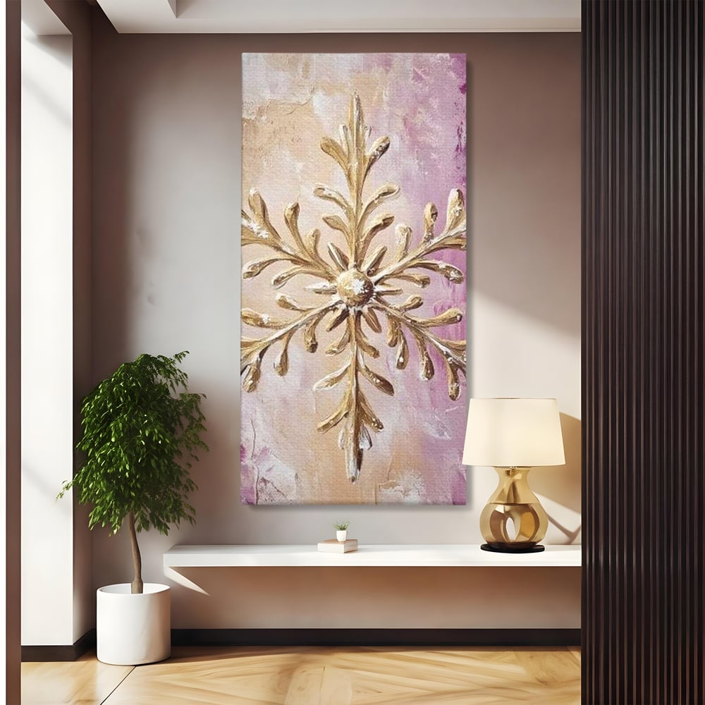 Leinwandbilder Premium, LuxCanva® D1065, Wintersymbol, Flocke, Schnee, Golden, Weihnachten, Festlich, Eleganz, Glitzer, Luxus, Flieder, Schön, Eis, Himmel, Dekoration, Symbol, Kinderzimmer, Wohnzimmer, Schlafzimmer