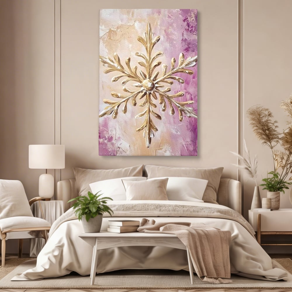 Leinwandbilder Premium, LuxCanva® D1065, Wintersymbol, Flocke, Schnee, Golden, Weihnachten, Festlich, Eleganz, Glitzer, Luxus, Flieder, Schön, Eis, Himmel, Dekoration, Symbol, Kinderzimmer, Wohnzimmer, Schlafzimmer