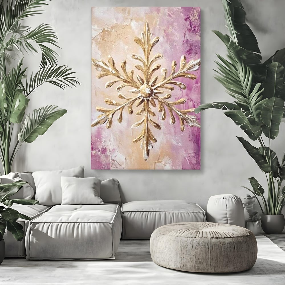Leinwandbilder Premium, LuxCanva® D1065, Wintersymbol, Flocke, Schnee, Golden, Weihnachten, Festlich, Eleganz, Glitzer, Luxus, Flieder, Schön, Eis, Himmel, Dekoration, Symbol, Kinderzimmer, Wohnzimmer, Schlafzimmer