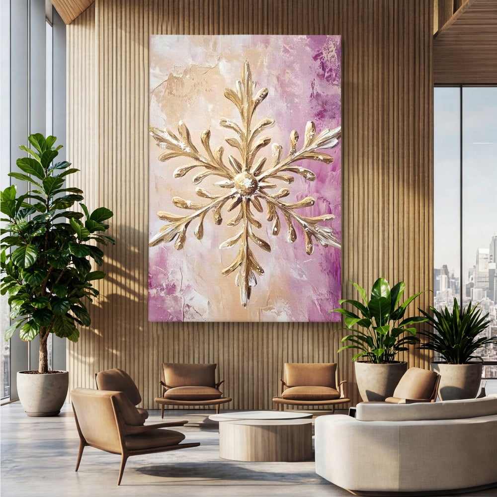 Leinwandbilder Premium, LuxCanva® D1065, Wintersymbol, Flocke, Schnee, Golden, Weihnachten, Festlich, Eleganz, Glitzer, Luxus, Flieder, Schön, Eis, Himmel, Dekoration, Symbol, Kinderzimmer, Wohnzimmer, Schlafzimmer
