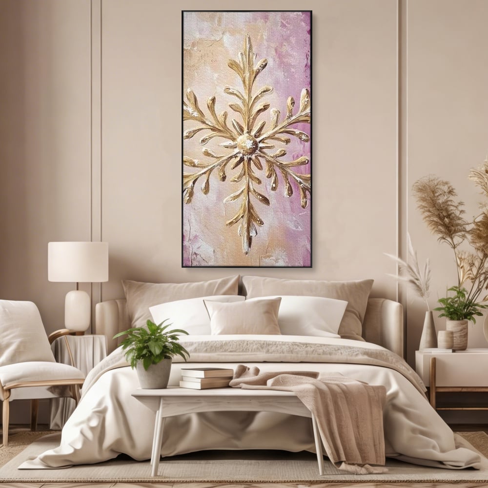 Leinwandbilder Premium, LuxCanva® D1065, Wintersymbol, Flocke, Schnee, Golden, Weihnachten, Festlich, Eleganz, Glitzer, Luxus, Flieder, Schön, Eis, Himmel, Dekoration, Symbol, Kinderzimmer, Wohnzimmer, Schlafzimmer