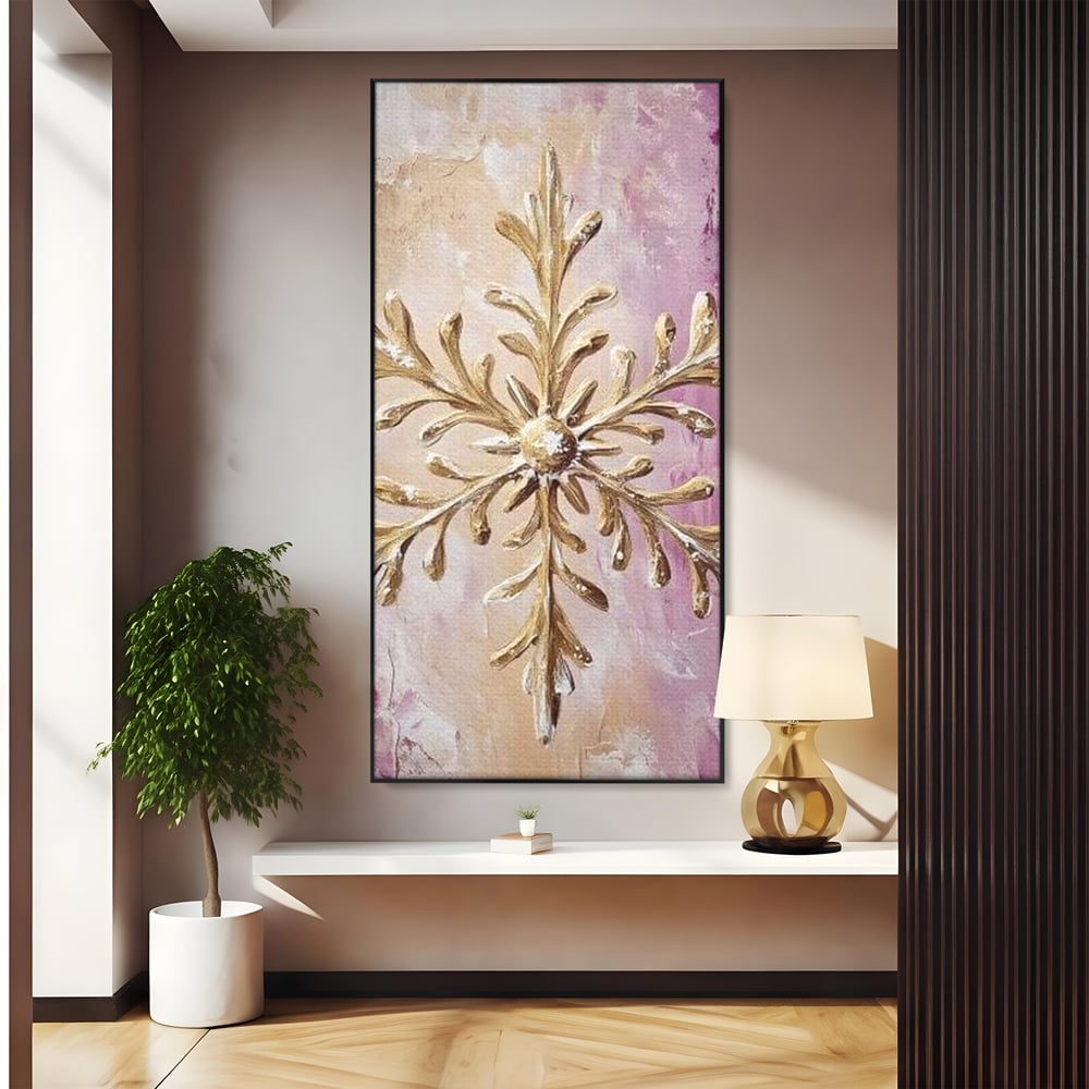 Leinwandbilder Premium, LuxCanva® D1065, Wintersymbol, Flocke, Schnee, Golden, Weihnachten, Festlich, Eleganz, Glitzer, Luxus, Flieder, Schön, Eis, Himmel, Dekoration, Symbol, Kinderzimmer, Wohnzimmer, Schlafzimmer