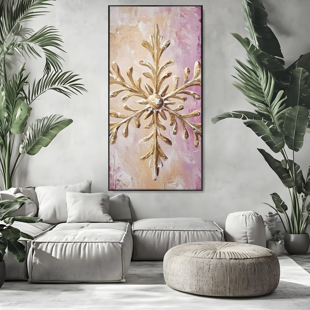 Leinwandbilder Premium, LuxCanva® D1065, Wintersymbol, Flocke, Schnee, Golden, Weihnachten, Festlich, Eleganz, Glitzer, Luxus, Flieder, Schön, Eis, Himmel, Dekoration, Symbol, Kinderzimmer, Wohnzimmer, Schlafzimmer