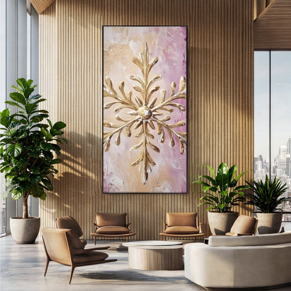 Leinwandbilder Premium, LuxCanva® D1065, Wintersymbol, Flocke, Schnee, Golden, Weihnachten, Festlich, Eleganz, Glitzer, Luxus, Flieder, Schön, Eis, Himmel, Dekoration, Symbol, Kinderzimmer, Wohnzimmer, Schlafzimmer