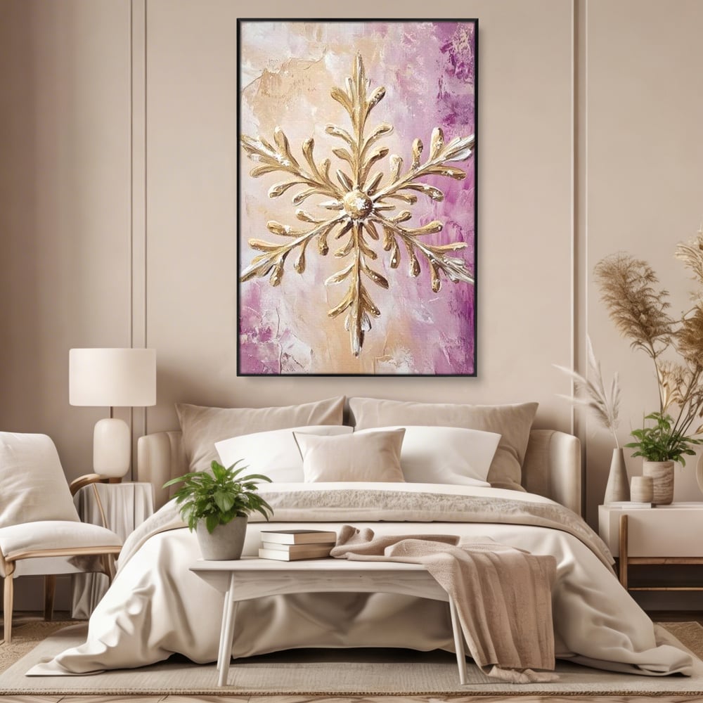 Leinwandbilder Premium, LuxCanva® D1065, Wintersymbol, Flocke, Schnee, Golden, Weihnachten, Festlich, Eleganz, Glitzer, Luxus, Flieder, Schön, Eis, Himmel, Dekoration, Symbol, Kinderzimmer, Wohnzimmer, Schlafzimmer