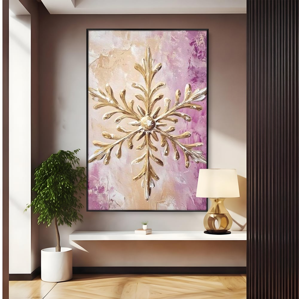 Leinwandbilder Premium, LuxCanva® D1065, Wintersymbol, Flocke, Schnee, Golden, Weihnachten, Festlich, Eleganz, Glitzer, Luxus, Flieder, Schön, Eis, Himmel, Dekoration, Symbol, Kinderzimmer, Wohnzimmer, Schlafzimmer