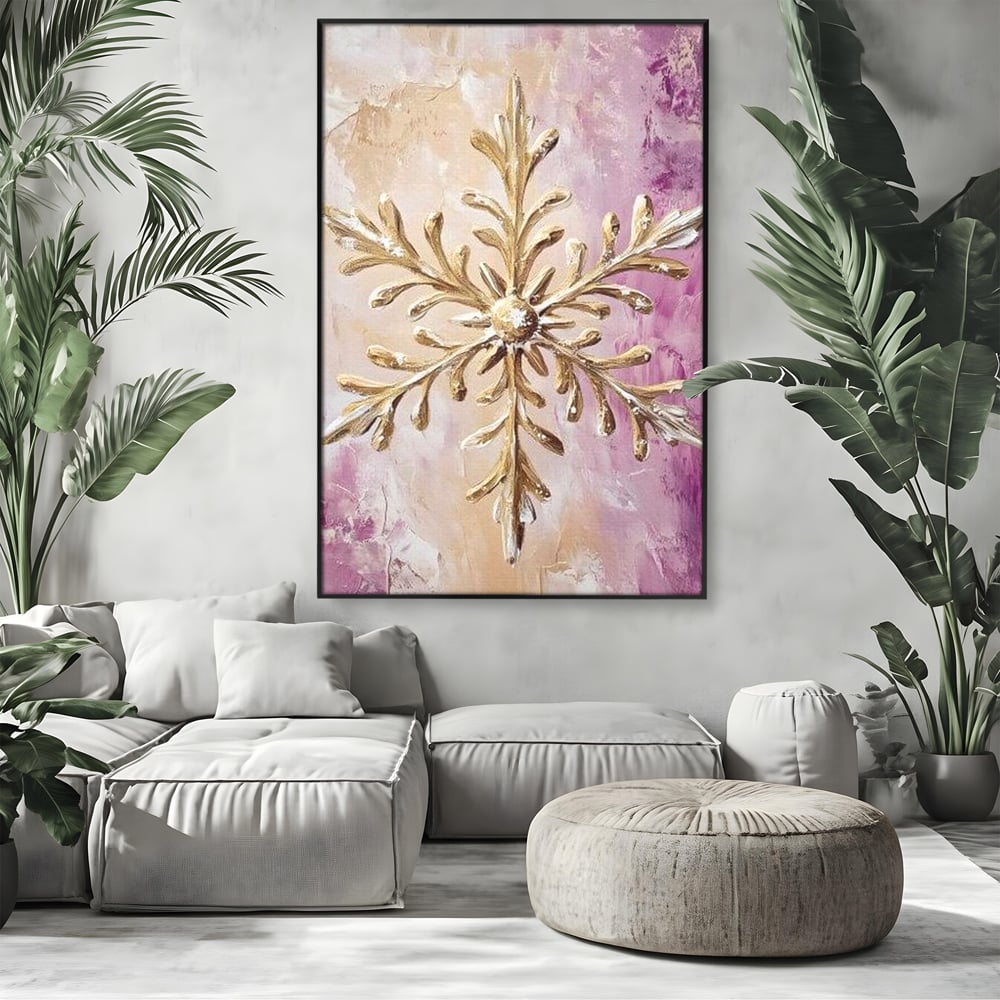 Leinwandbilder Premium, LuxCanva® D1065, Wintersymbol, Flocke, Schnee, Golden, Weihnachten, Festlich, Eleganz, Glitzer, Luxus, Flieder, Schön, Eis, Himmel, Dekoration, Symbol, Kinderzimmer, Wohnzimmer, Schlafzimmer