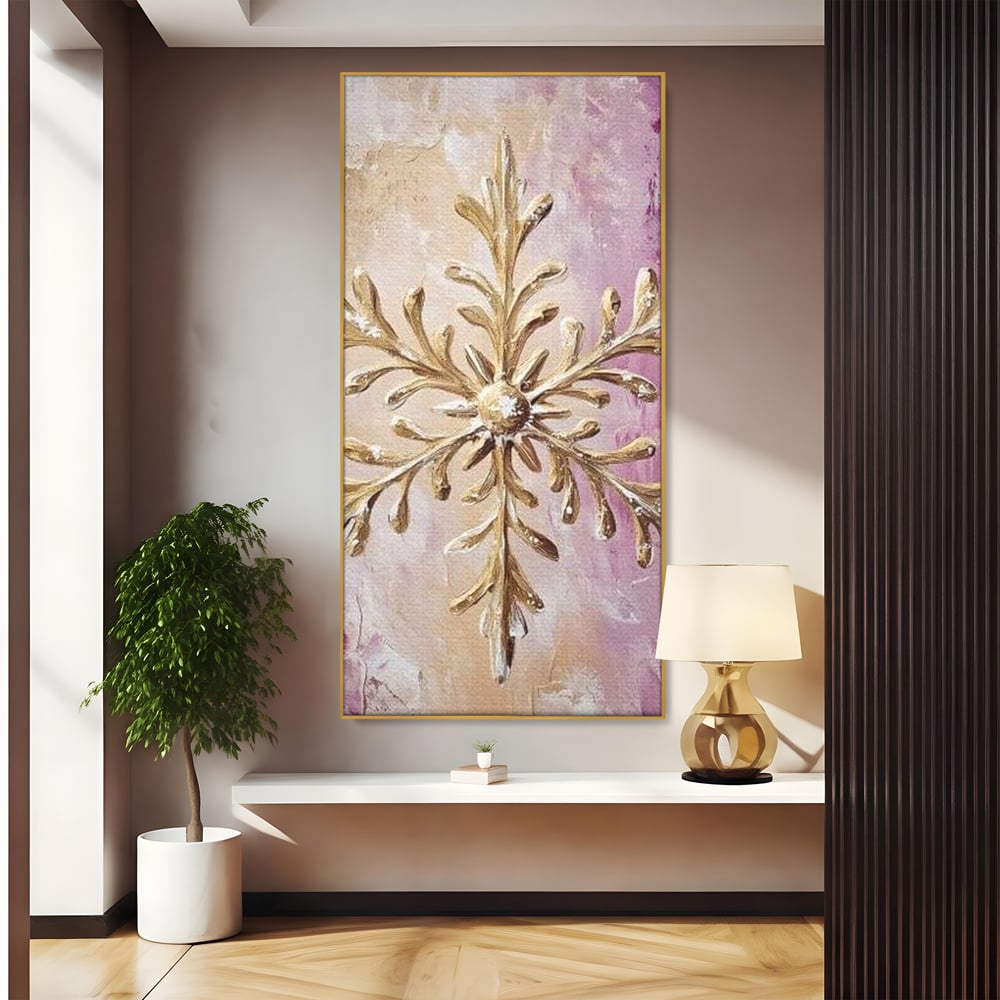 Leinwandbilder Premium, LuxCanva® D1065, Wintersymbol, Flocke, Schnee, Golden, Weihnachten, Festlich, Eleganz, Glitzer, Luxus, Flieder, Schön, Eis, Himmel, Dekoration, Symbol, Kinderzimmer, Wohnzimmer, Schlafzimmer